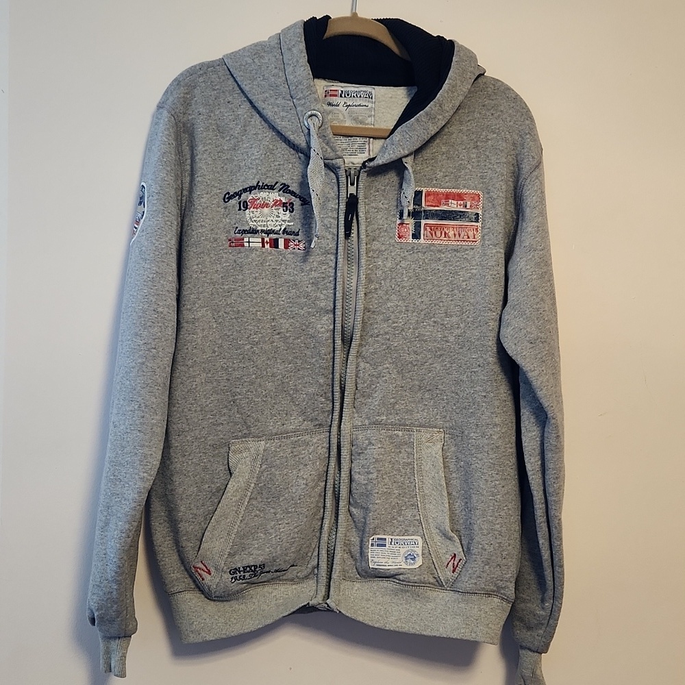 Geographical Norway 1953 Tween Pole Gray Zip-Up Hoodie with Patches XXL